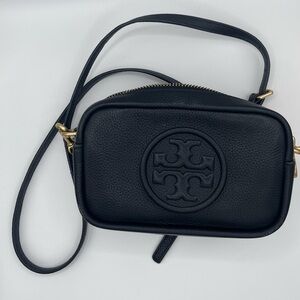 Tory Burch Perry Bombe Mini Leather Crossbody Bag Black Gold Tone Hardware